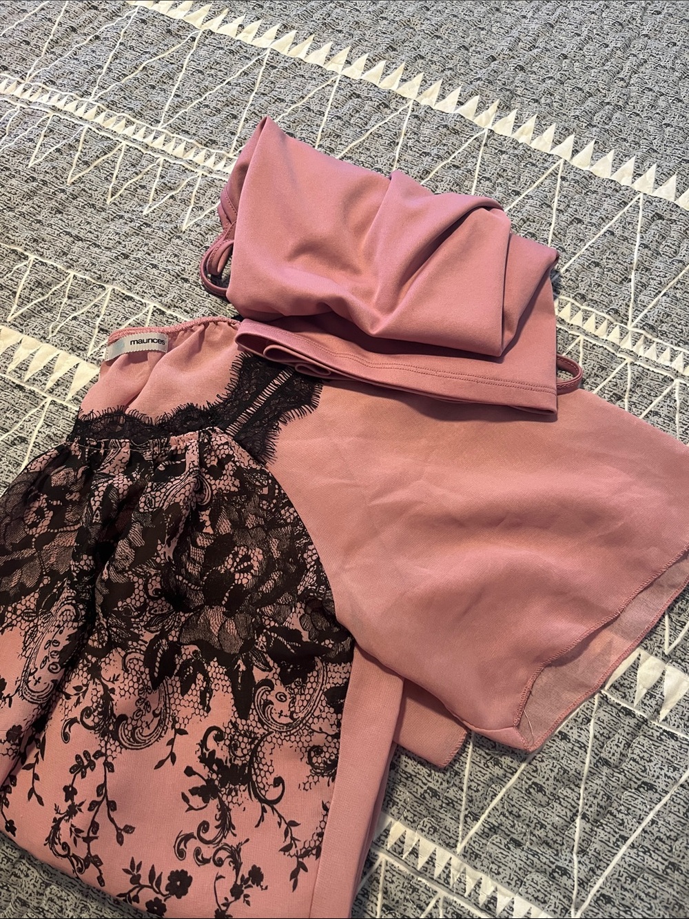 Maurices Pink Blouse with Black Lace & Floral Print